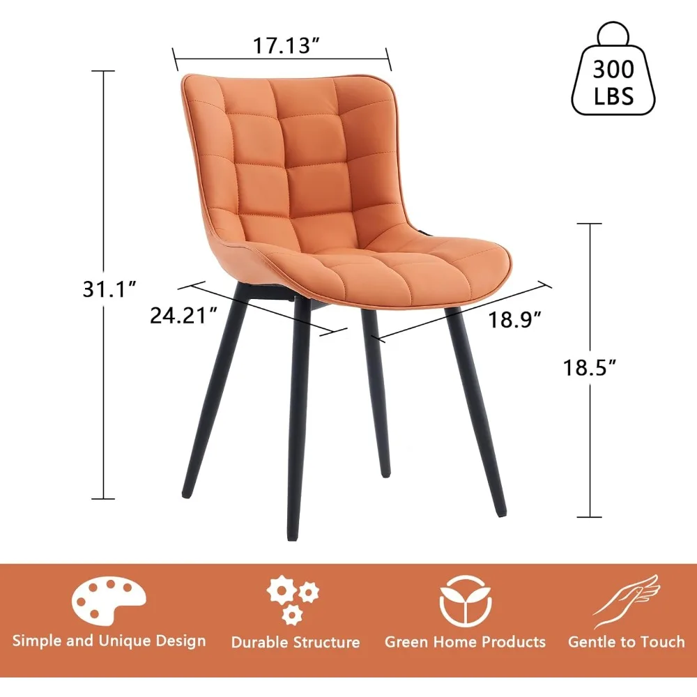 Modern dining chairs, 2 PU leather cushions with back metal legs, dining table features, orange camel color, dining chairs