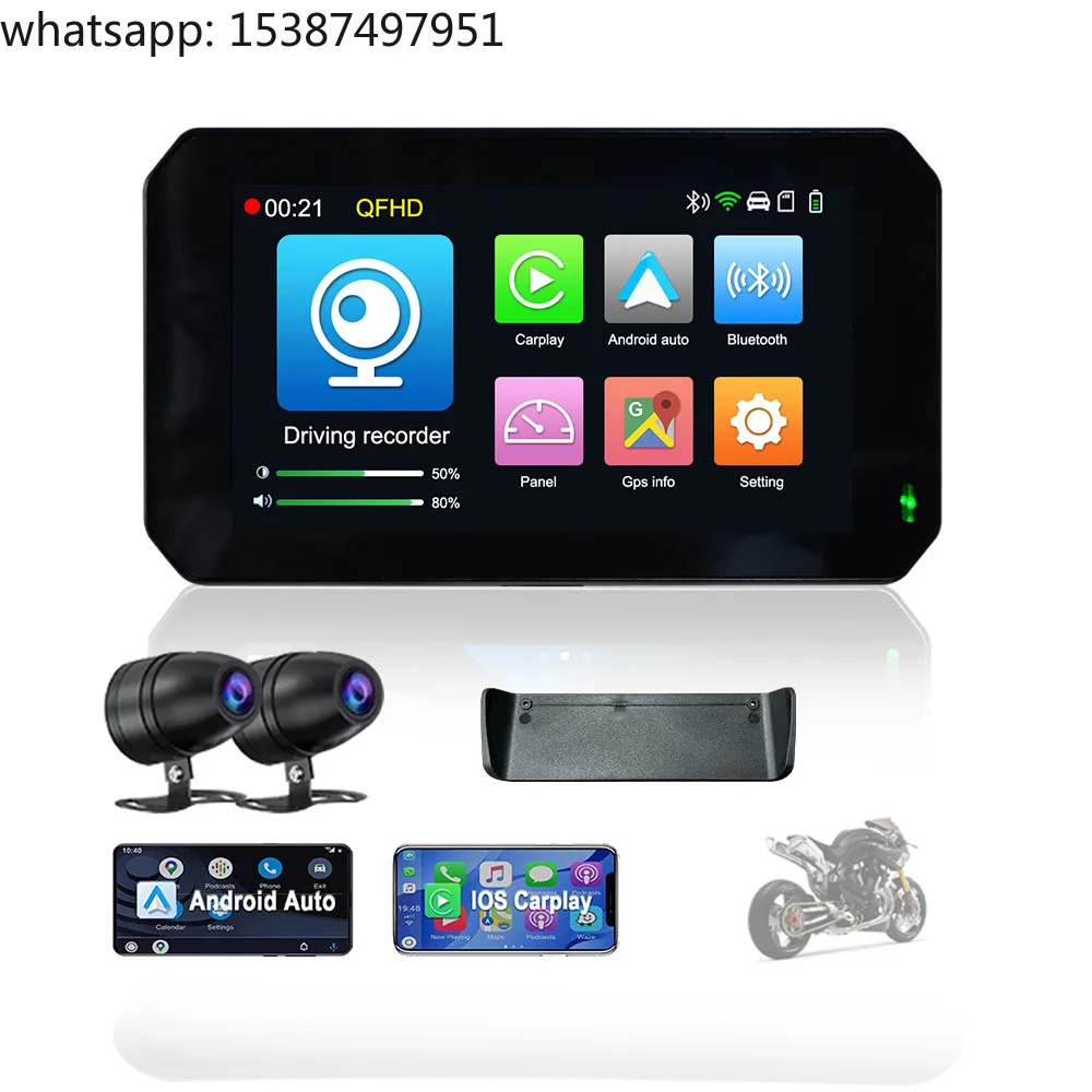 For Wireless Motorcycle CarPlay Screen Android Auto Monitor with Dual Recording Dash Camera for Motorbike