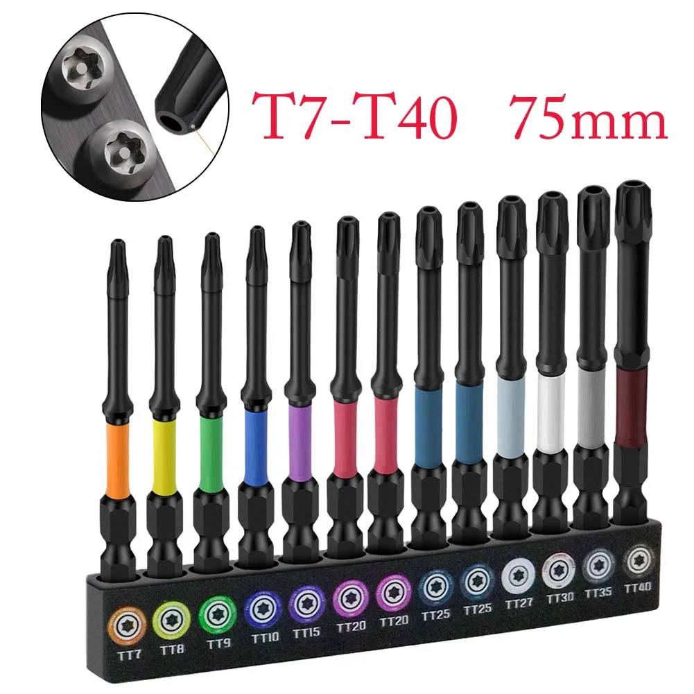 20PCS T7-T40 75mm Long Magnetic Extension Hollow Security Screwdriver Bits Set For Impact Driver Power Tool Repair Accessory