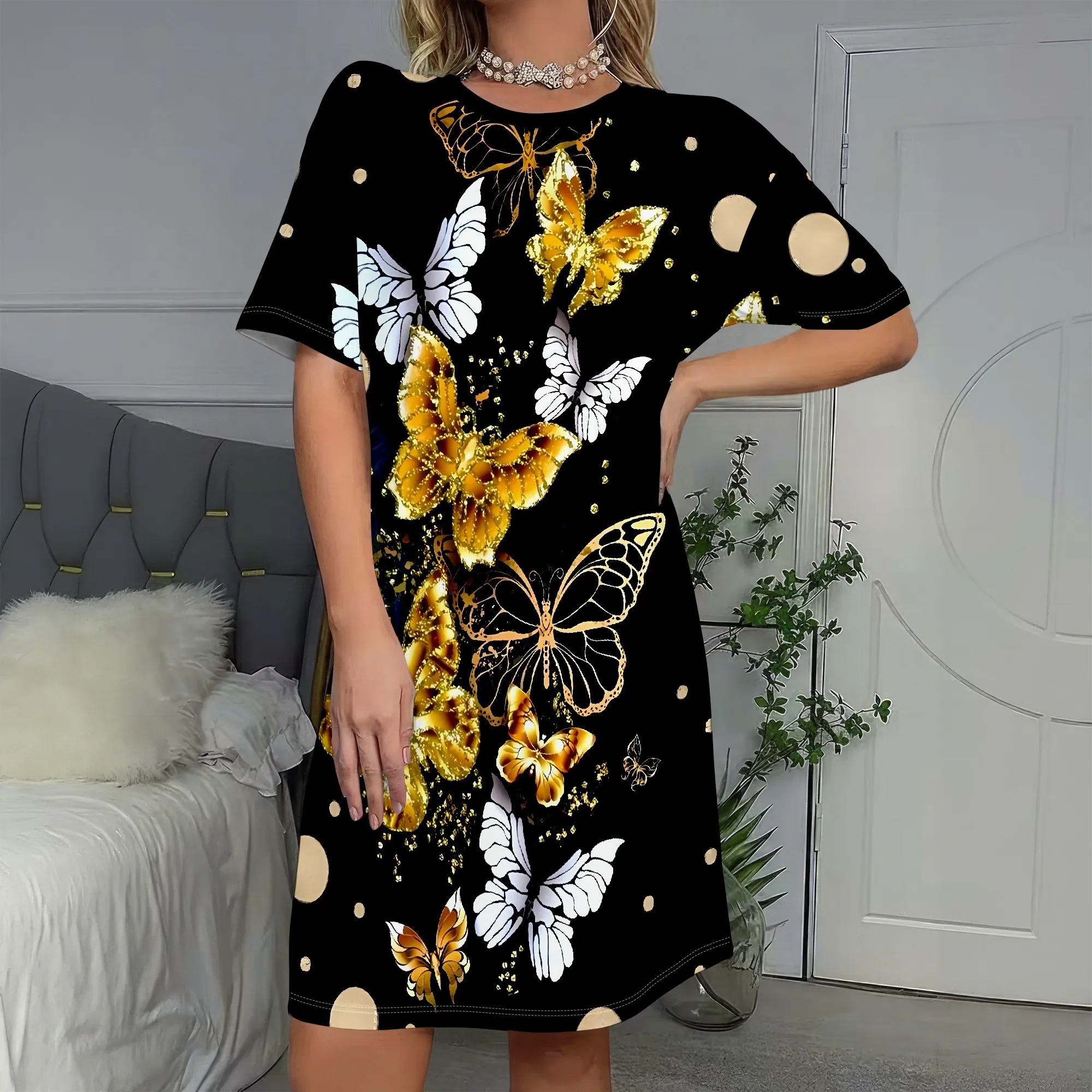 

Gold Butterfly Print, Short Sleeve Dress, Black T-Shirt Dress, Boho Summer Wear, Beach Party Outfit, S-2XL