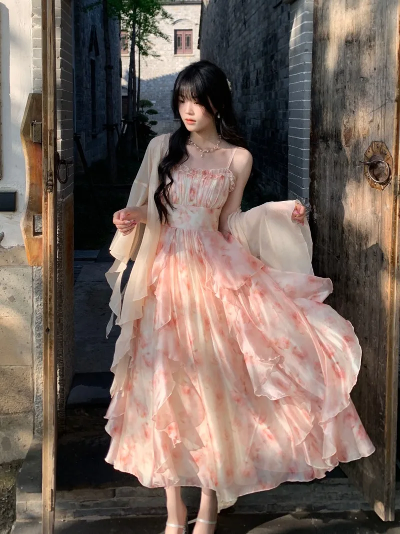 

2 Piece Dress Sets Women Elegant Chiffon Summer Casual Slim Strap Dress Fairy Cardigan Fashion Chic Vintage Suit Even Party