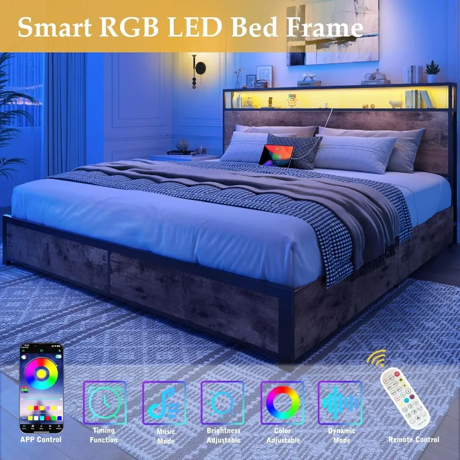 إطار سرير كينج مع إطار سرير بمنصة معدنية للتخزين بطبقتين مع 4 أدراج تخزين مدمجة في محطة شحن LED ضوضاء