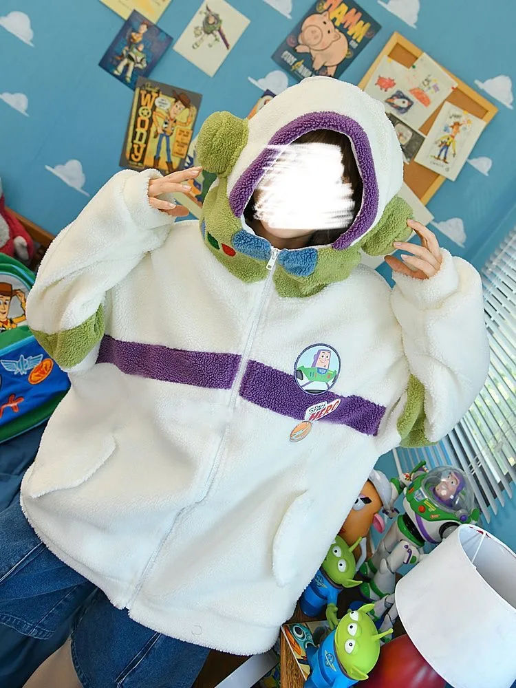 Disney Toy Story Buzz Lightyear Lamb Coat for Men Women Cartoon Winter Warm Thicken Loose Hooded Coat Cosplay Jacket Outwear