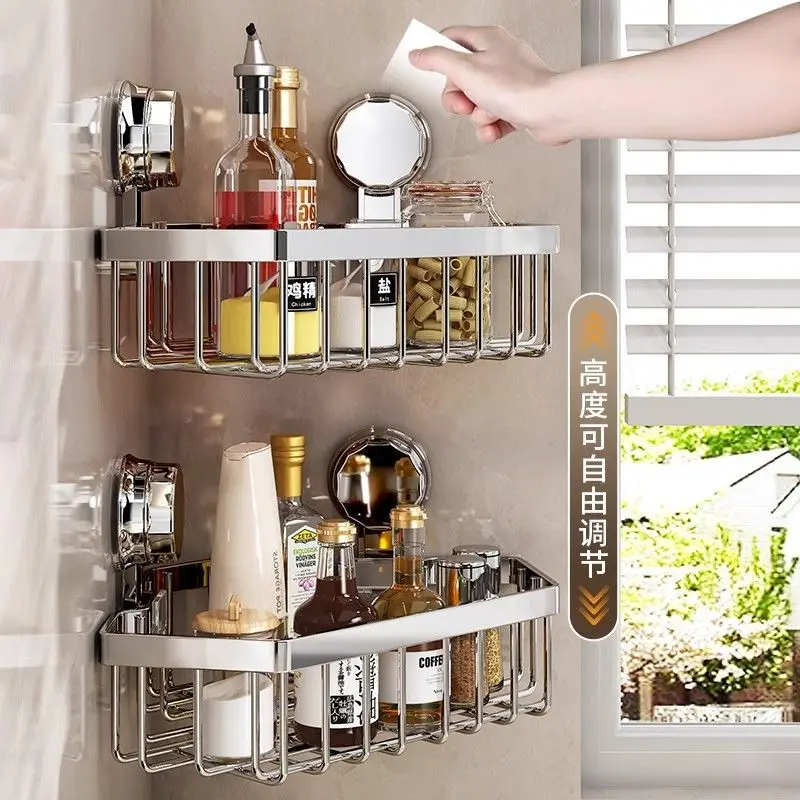 Custom Stainless Steel Bathroom Storage Rack Multi-layer Organizer Suction Cup No-drill Corner Wall-mounted Shelf Bathroom
