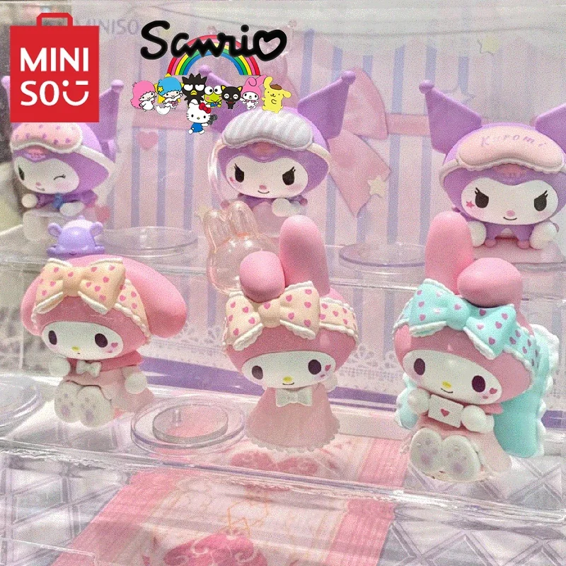 Genuine MINISO Sanrio Blind Box Kuromi MyMelody Pajama Party Kawaii Model Mystery Gift Cartoon Decoration Children's Toys