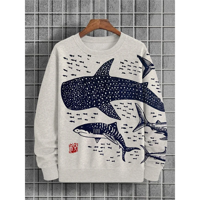 3D Printed Whale Hoodie For Men Marine Animal Graphic Sweatshirt Casual Harajuku Round Neck Pullover Hoodies Loose Long Sleeves