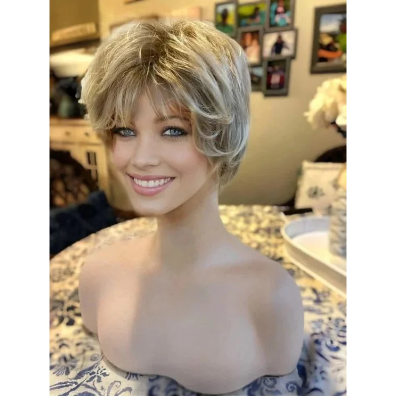 

Fashion Women's Layered Short Brown Mix Blond Straight Wigs 10 Inch