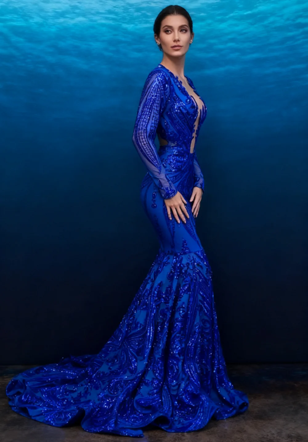 

Royal Blue Sequined Prom Dress Black Girls Mermaid Long Sleeves Evening Party Gala Gowns Graduation Birthday Customized