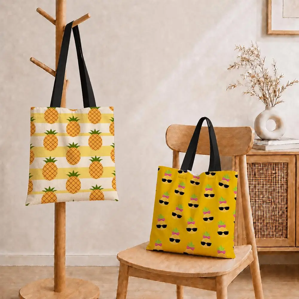 Graphic P-Pineapple Storage Bags Women Canvas Tote Bag Large Capacity Reusable Shoulder Shopper Bag