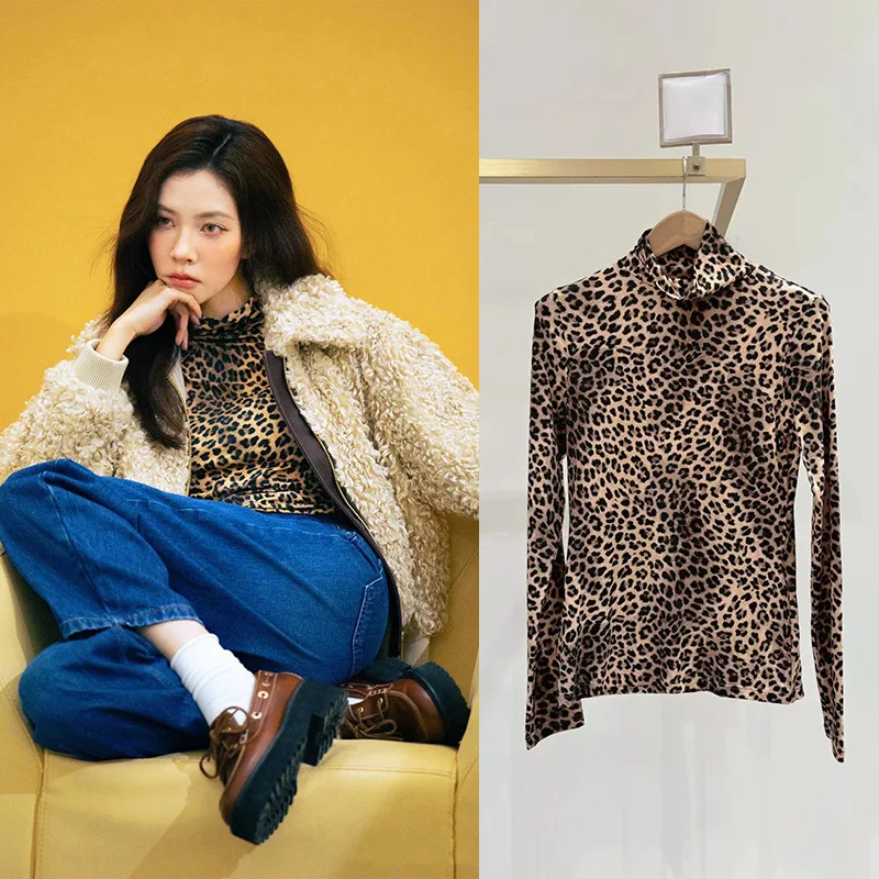 

【Подарок бесплатно】Осенне-зимний шикарный эластичный тонкий топ с полуводолазкой и диким леопардовым принтом 2025