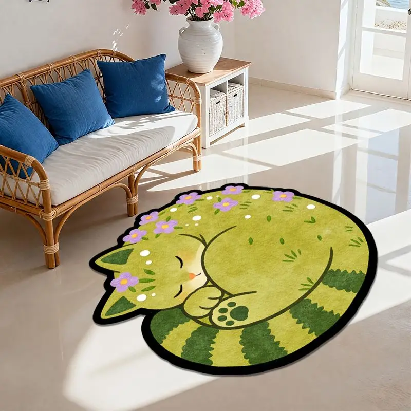 VIKAMA Sleeping Cat Rug Green Animal Carpet Non-Slip Living Room Mat Soft Sound Absorbing Bedside Rug for Bedroom Decor