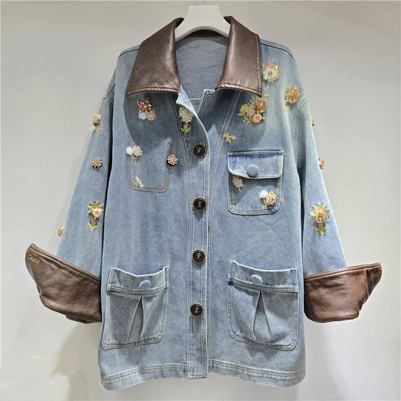 

SuperAen Свободные лоскутные джинсовые куртки из искусственной кожи контрастного цвета в европейском и американском стиле с цветочной вышивкой и расклешенными дизайнерскими куртками