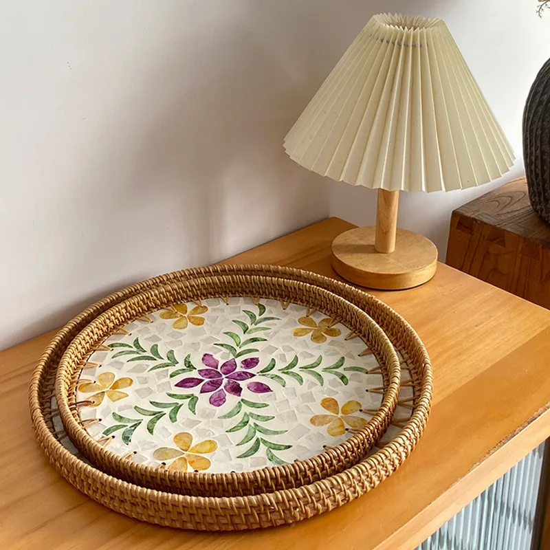 Handmade Rattan Round Tray, Colorful Shell, Storage Tray, Household Guest, Dining Room, Tabletop Decoration, Home Decor