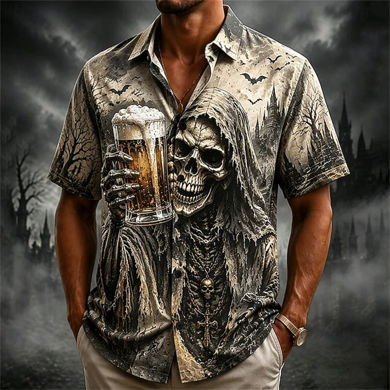 Men's Halloween Casual Round-Neck Collared Short-Sleeve Shirt 3D Skull and Beer Print T-Shirt Fashionable Hip-Hop Trend Shirt