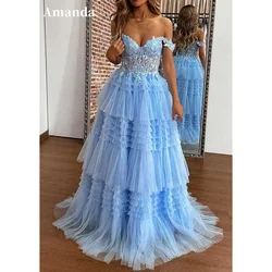 Amanda Sky Blue Off Shoulder vestidos de noche Multilayer A-line Prom Dresses Elegant Sleeveless Sweep Train  Valentines Day