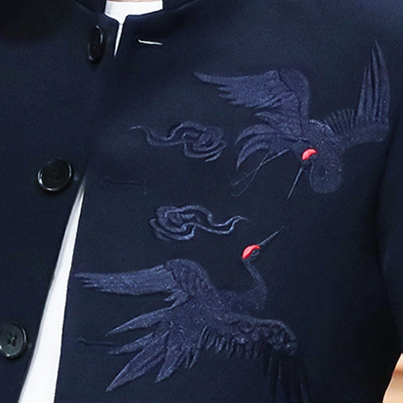 Chinese Style Red-Crowned Crane Embroidery Men Tunic Suit Jacket 2024 New Stand Collar Zhongshan Jacket Casual Blazer