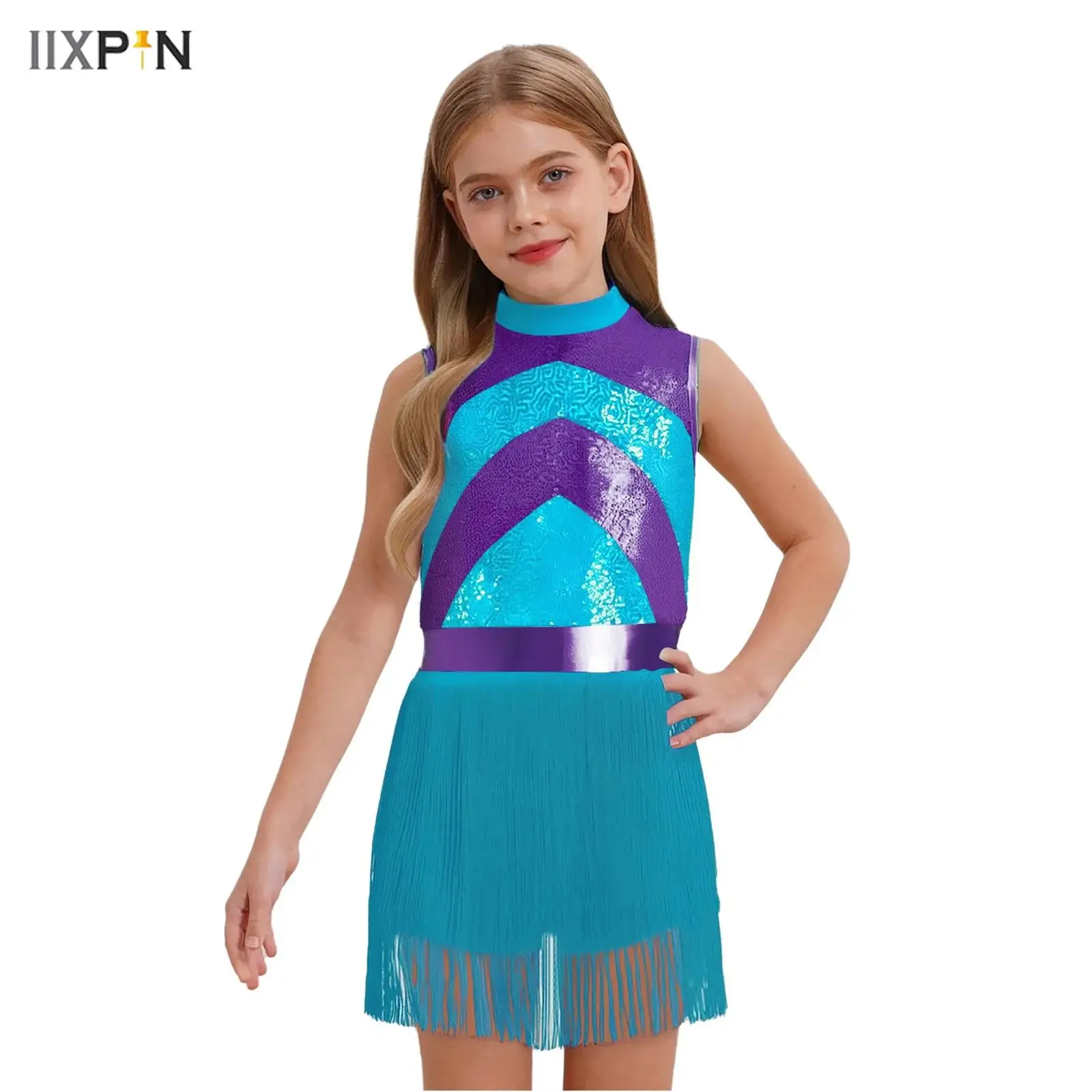 

Kids Girls Latin Jazz Dance Performance Costume Mock Neck Sleeveless Shiny Sequins Color Block Tassels Skirted Leotard Dress