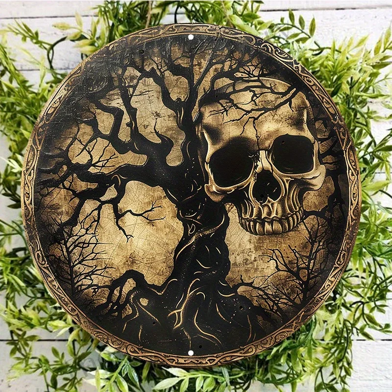 

Skull and Tree Forest Design Round Aluminum Metal Sign, Waterproof, Weather-Resistant Wall Decor, HD Printing, wall home decor