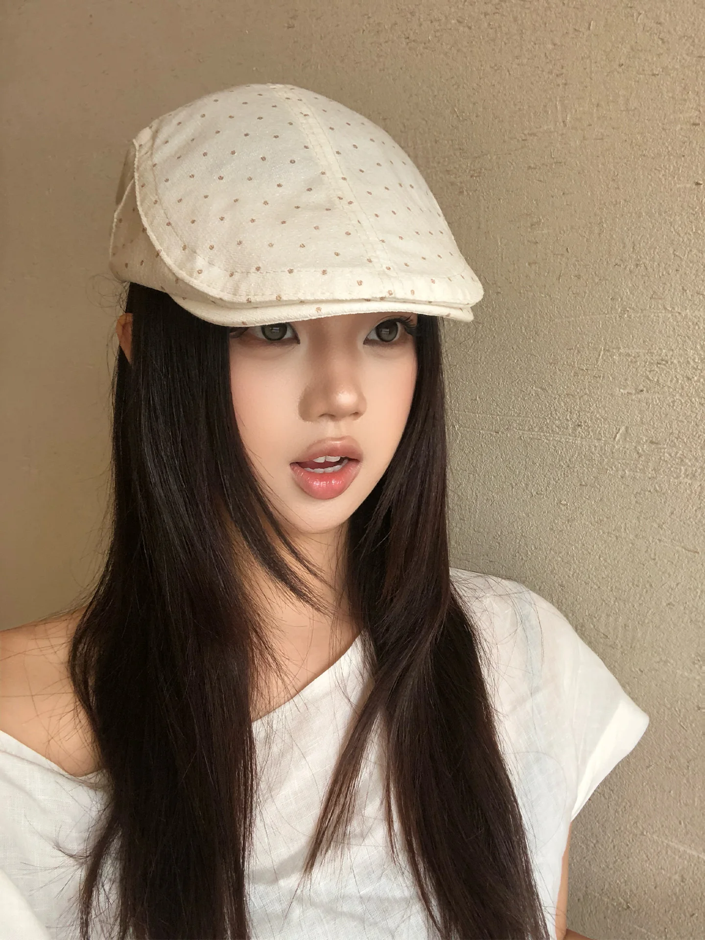 Retro Polka Dot Beret Hat Women's Summer Thin Face Slimming Fashionable Versatile Report Boy Capsule round Top Short Brim