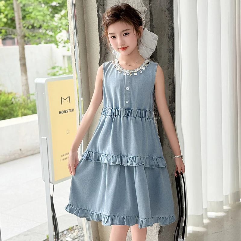 Bohemian Style Children Long Denim Ruffles Dress for Teens Girl Casual Vacation Summer Beach Dresses with Flounces Kids Clothes
