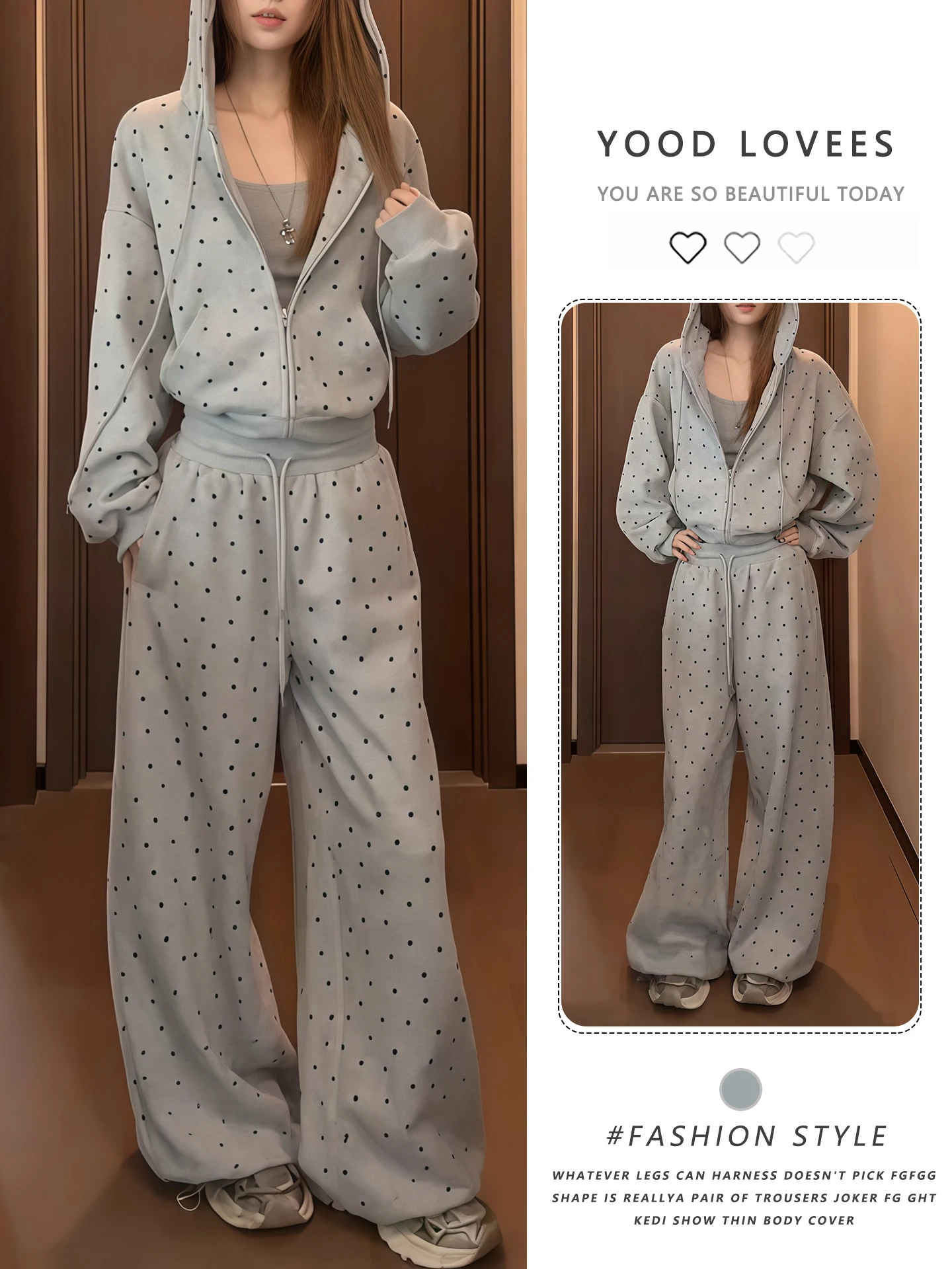 

Ретро-костюм в стиле lazy style с принтом в горошек: толстовка с капюшоном и длинные брюки, женский комплект больших размеров, модный повседневный костюм из двух предметов.