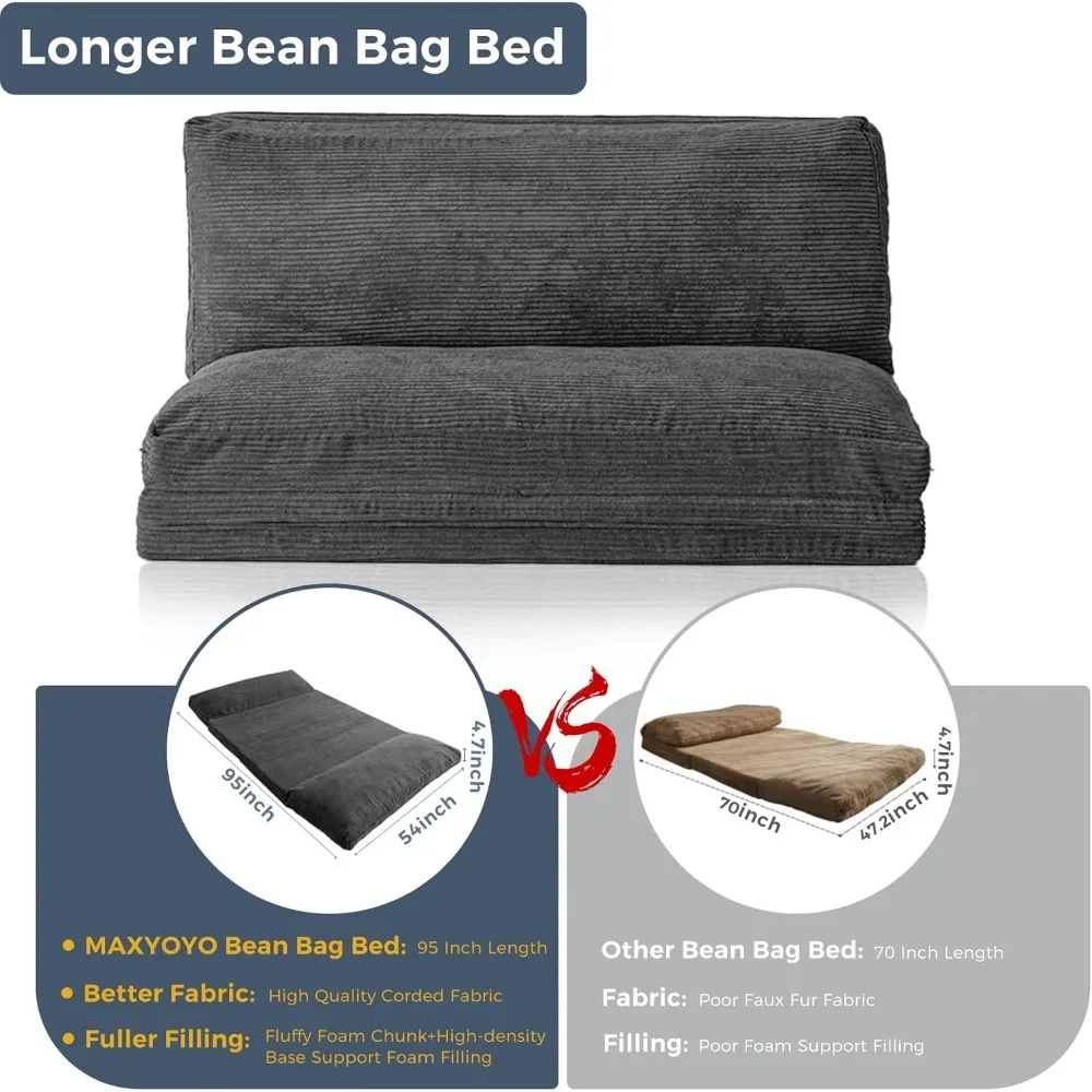 Sofá cama plegable con bolsa de frijol, colchón de suelo para adultos, sofá de piso extra grueso y largo con funda lavable con cable, gris oscuro