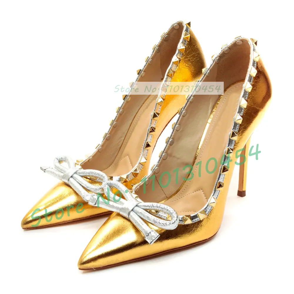 Off White Puntige Strik Pumps Vrouwen Mode Gouden Klinknagels-Versiering Luxe Studs Hoge Hakken Schoenen Dames Elegante Zomer Stiletto Pumps