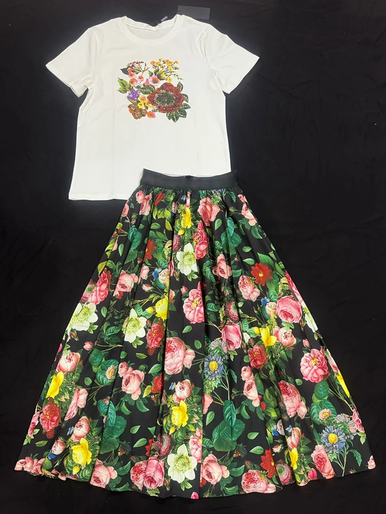 Retro geometric print T-neck knitted pullover two-piece suit 2026 summer women's dress+loose plus size A skirt fashion suit view 6