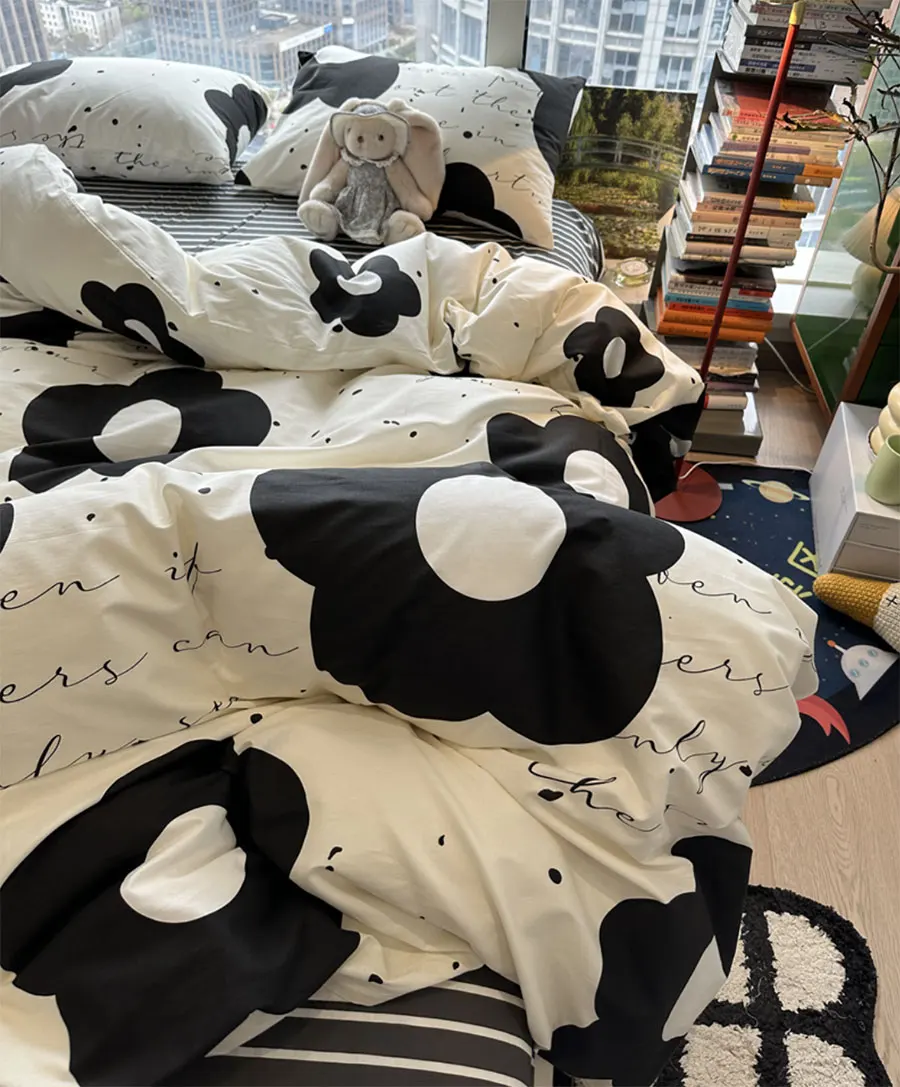 

Elegant sweet cool flower letter black bedding set,twin full queen floral cotton home textile bed sheet pillow case quilt cover