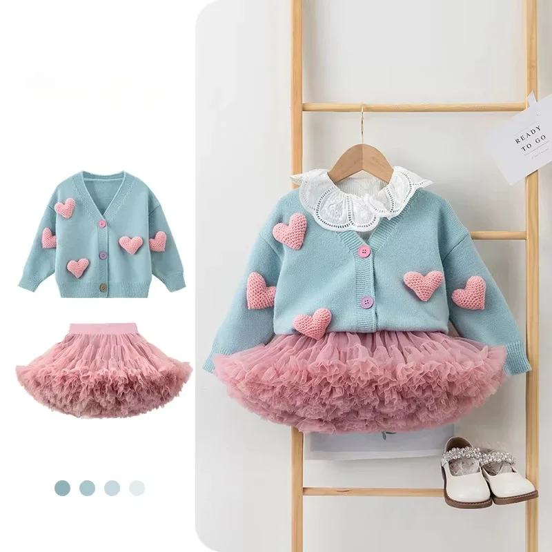 Kids Long Sleeved Versatile Top Spring Toddler Girl's Cardigan Sweaters Jacket V-neck New Princess Love Knitted Cardigan