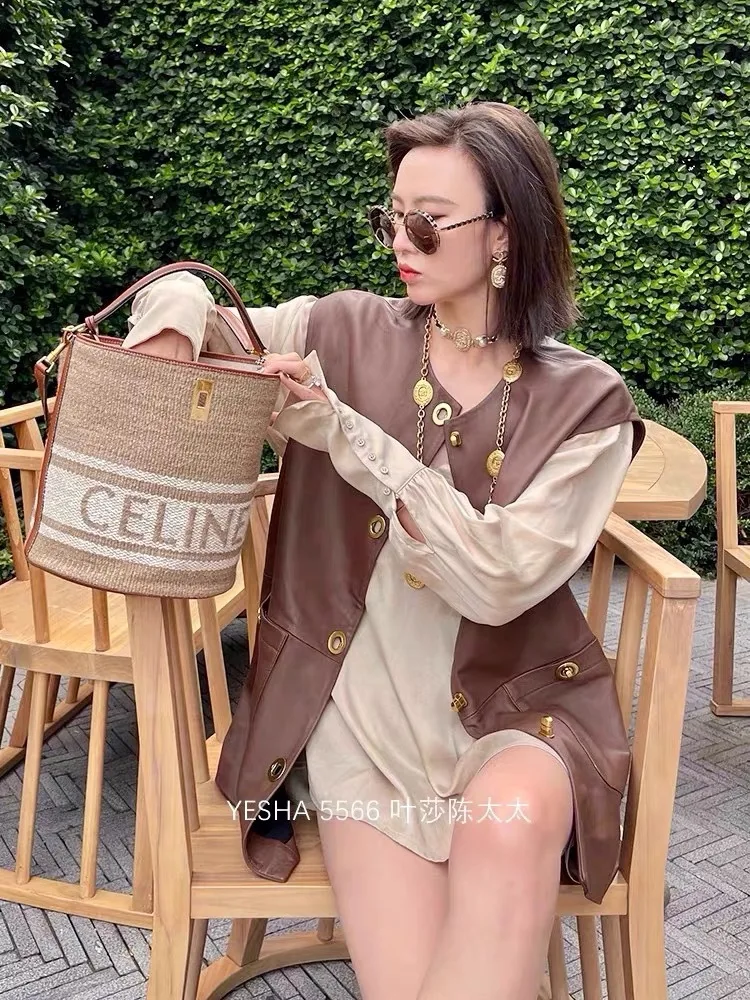 Spring and Autumn New Genuine Leather Sheepskin Coat Vest Women's Casual Buckle Loose Round Neck Versatile Daily Jacket