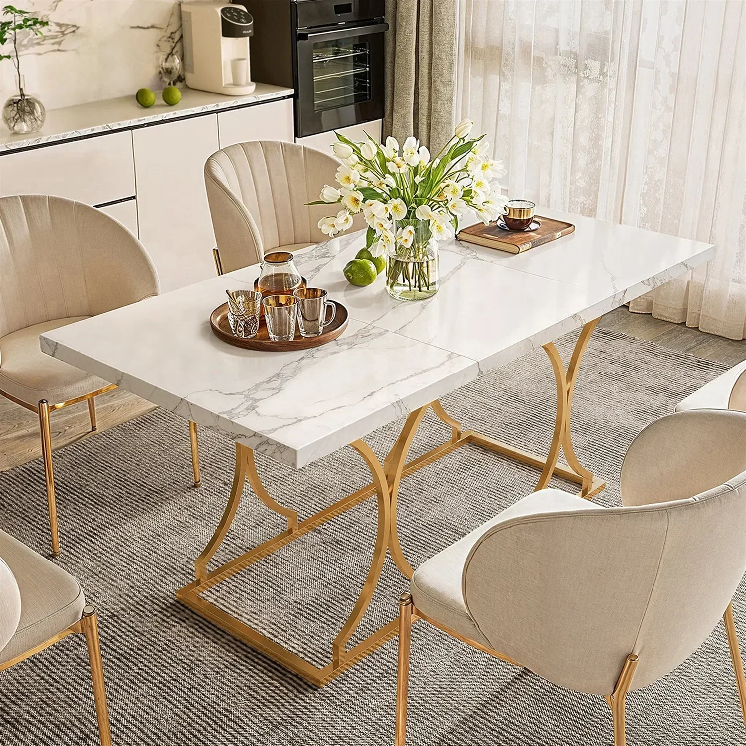 Luxury Dining Table Kitchen Dining Room Table Dinner Desk Rectangle Modern Marble with Gold Metel Frame for 6 People