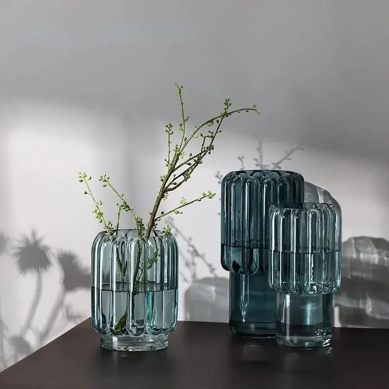 Home Blue Transparent Vertical Glass Vase Home Designer Living Room Soft Decoration Flower Ware