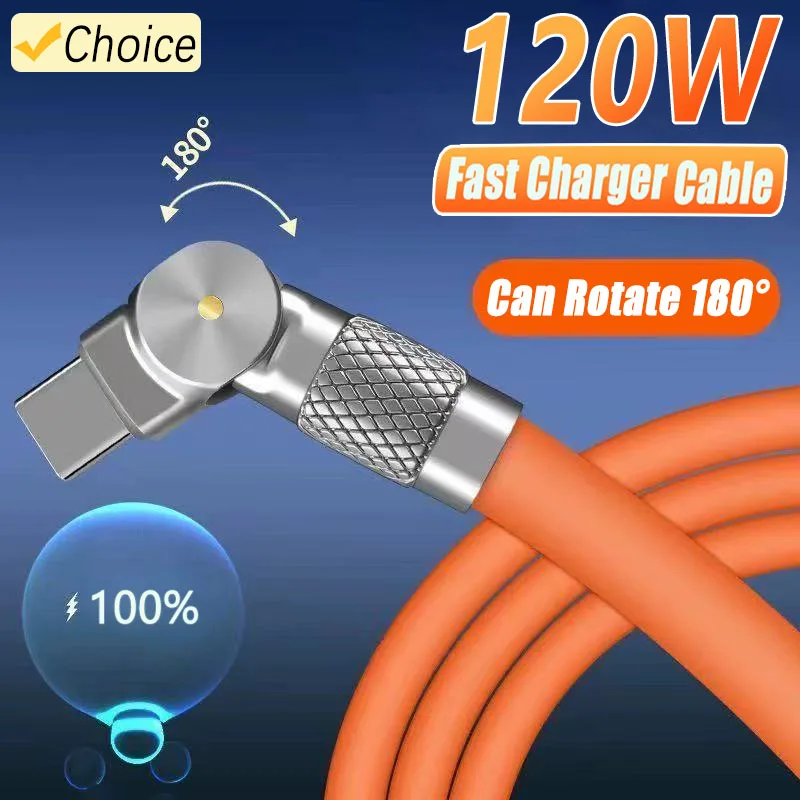 120W Fast Charging Type C Cable 6A Liquid Silicone Cable 180 Degree Rotating Connector Compatible with Xiaomi Huawei Samsung