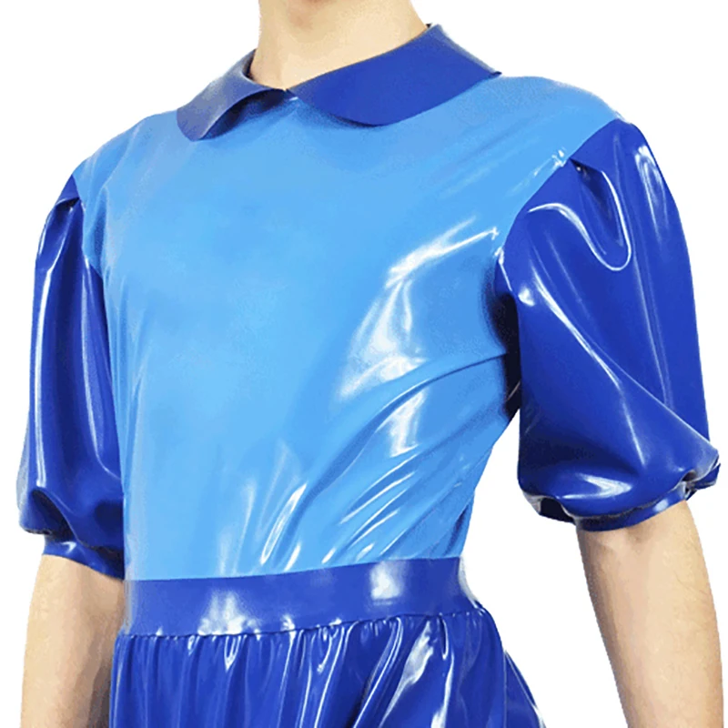 Blue Sexy Short Puff Sleeves Latex Swimsuit With Diaper Zipper Rubber Body Suit Catsuit Zentai Romper Jumpsuits LTY-0337