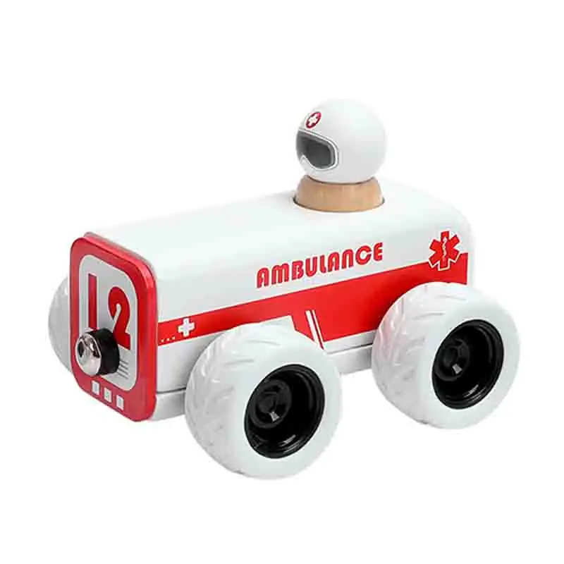 Motores de bomberos de madera, automóviles de policía y ambulancias; Cochecitos retráctiles; Juguetes de madera para la educación infantil; Regalo de cumpleaños