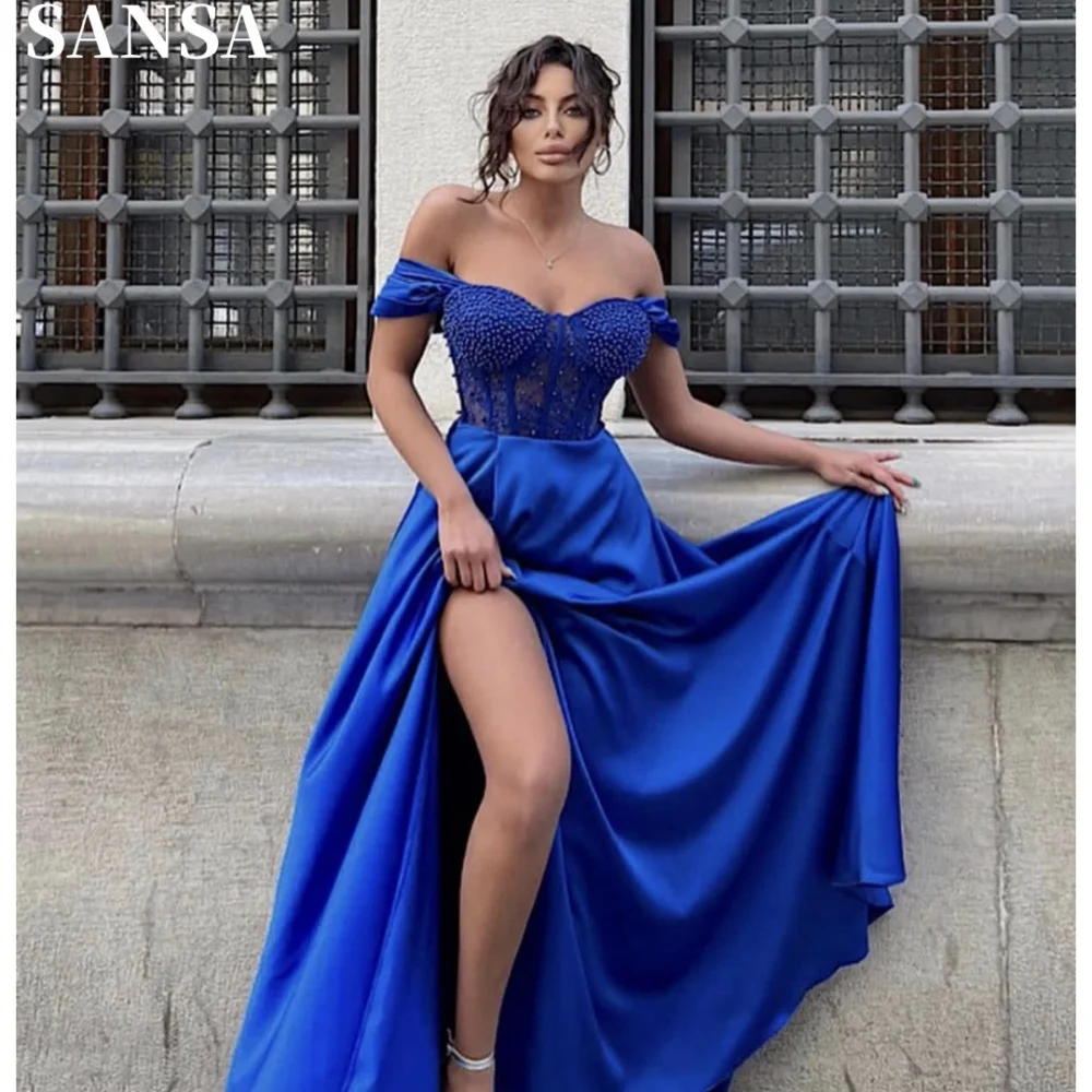

Sansa Graceful Blue A-line Satin Evening Dress Off Shoulder Floor-Length Wedding Dresses Draped Side Splite vestidos de fiesta