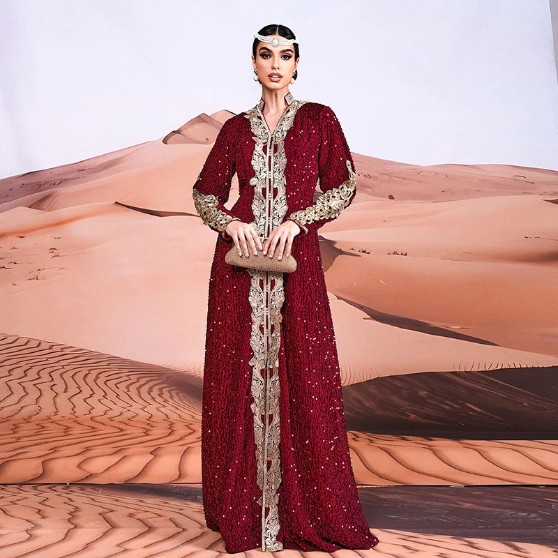 2024 Women Long sleeve V Neck Red Sequined Elegant Muslim Abaya Dubai Islamic Turkey Evening Party Cocktail Long Maxi dresses