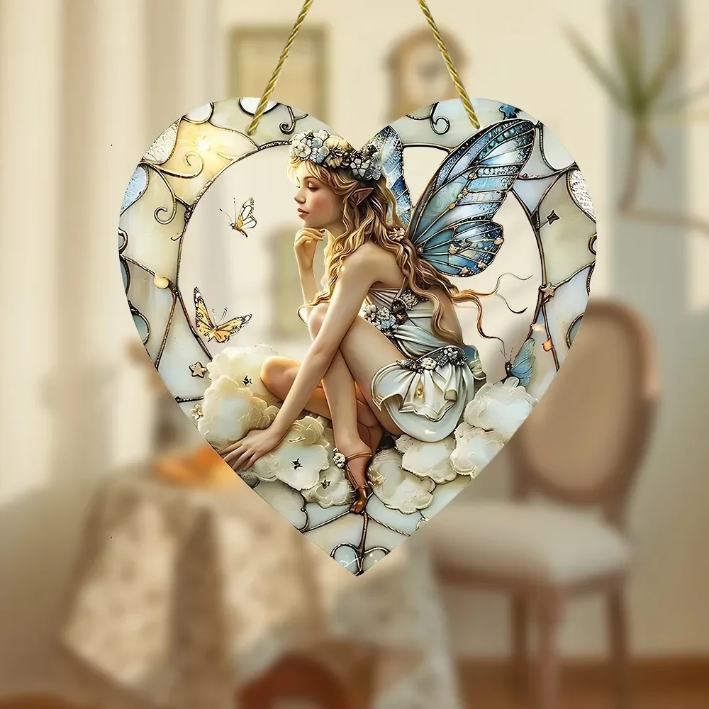 new 1pcs Magical Fairy Magic Night Fairy Suncatcher Stained Glass Acrylic Heart Wall Hanging Home And Garden Outdoor Decorative