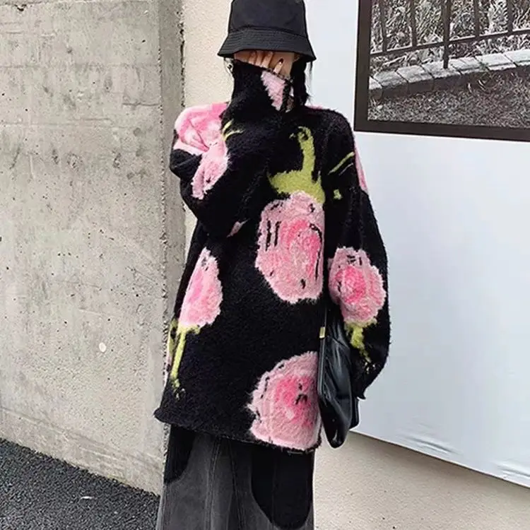 سترة كورية فضفاضة بنمط الورد للنساء لخريف وشتاء جديد طويل متماسك نمط كسول بأكمام طويلة #4