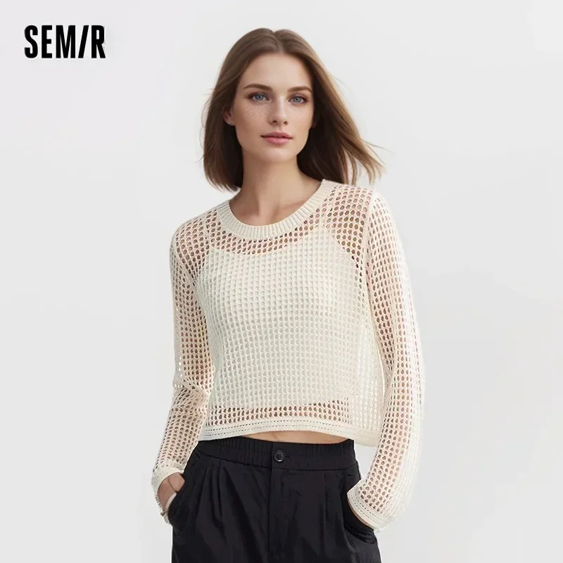 

Semir Knitted Sweater For Women Short And Hollow Out Layered Gentle Solid Color New In 2024 Summer Classy Round Neck Mesh Top