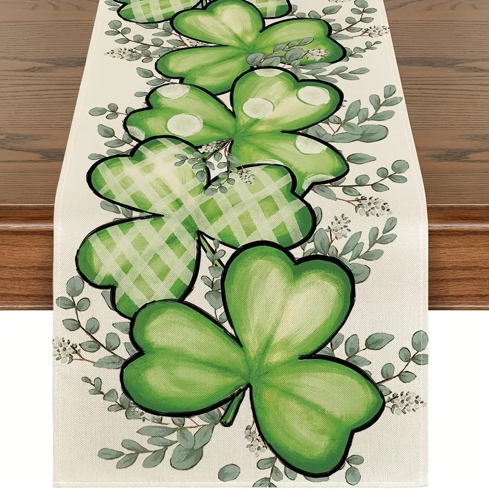 

1pc St. Patrick's Day Linen Tablecloth - Clover and Flower Patterns Table Runner Family Party Decoration Spring Decoration