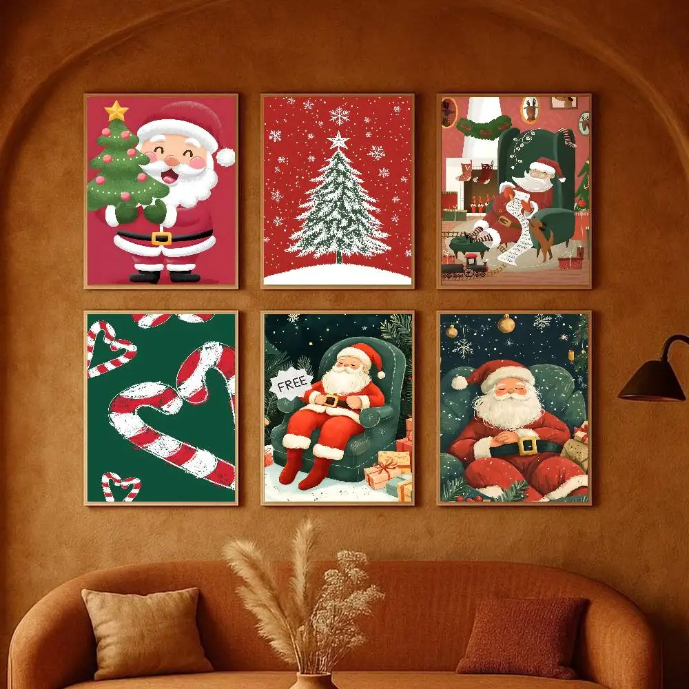 Santa Claus And The Christmas Tree Poster Art With Prints Home Bedroom Living Room Decoration Gift