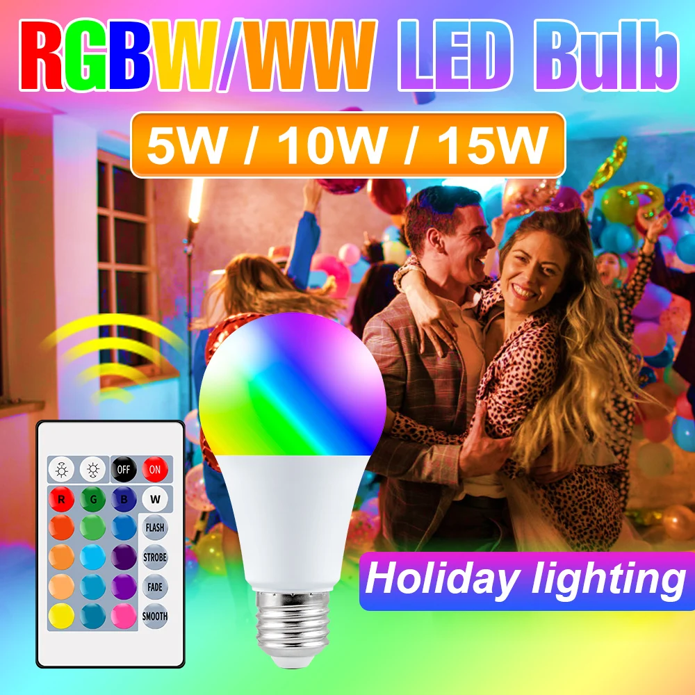 RGB LED Light Bulb E27 Lamp Colorful Dimmable Chandelier Bulbs Home Living Room Bedroom Decoration With Remote Control AC85-265V