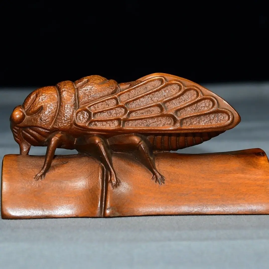 Hand Carved Wood Cicada on Bamboo Statue Figurine Home Desktop Ornament Craft Gift