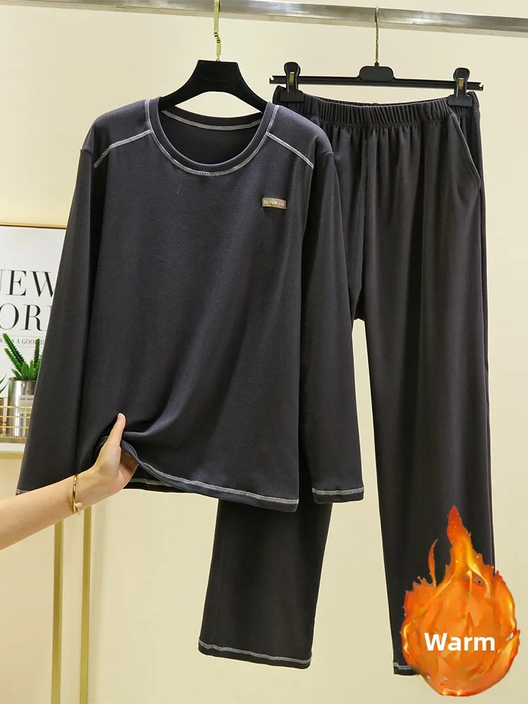 Men's Warmth Velvet round Ne Home Clothes Set Winter Loose Casual Long Sve Long Pants Two-Piece Set Comfortable Spwear