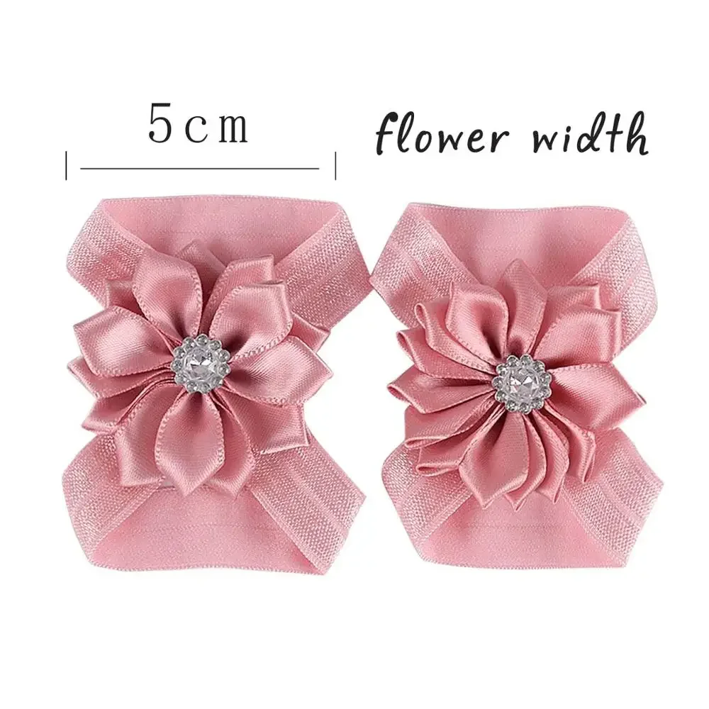 New 2pcs/pair Chic Satin Ribbon Flower Children Elastic Barefoot Sandals Baby Shower Gift Girls Newborn Toddler Kids Photo Props