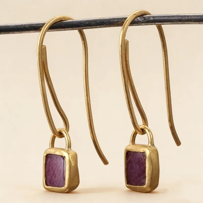 Ethnic Square Purple Stone Hook Earrings Vintage Jewelry Gold Color Metal Geometry Long Dangle Earrings for Women