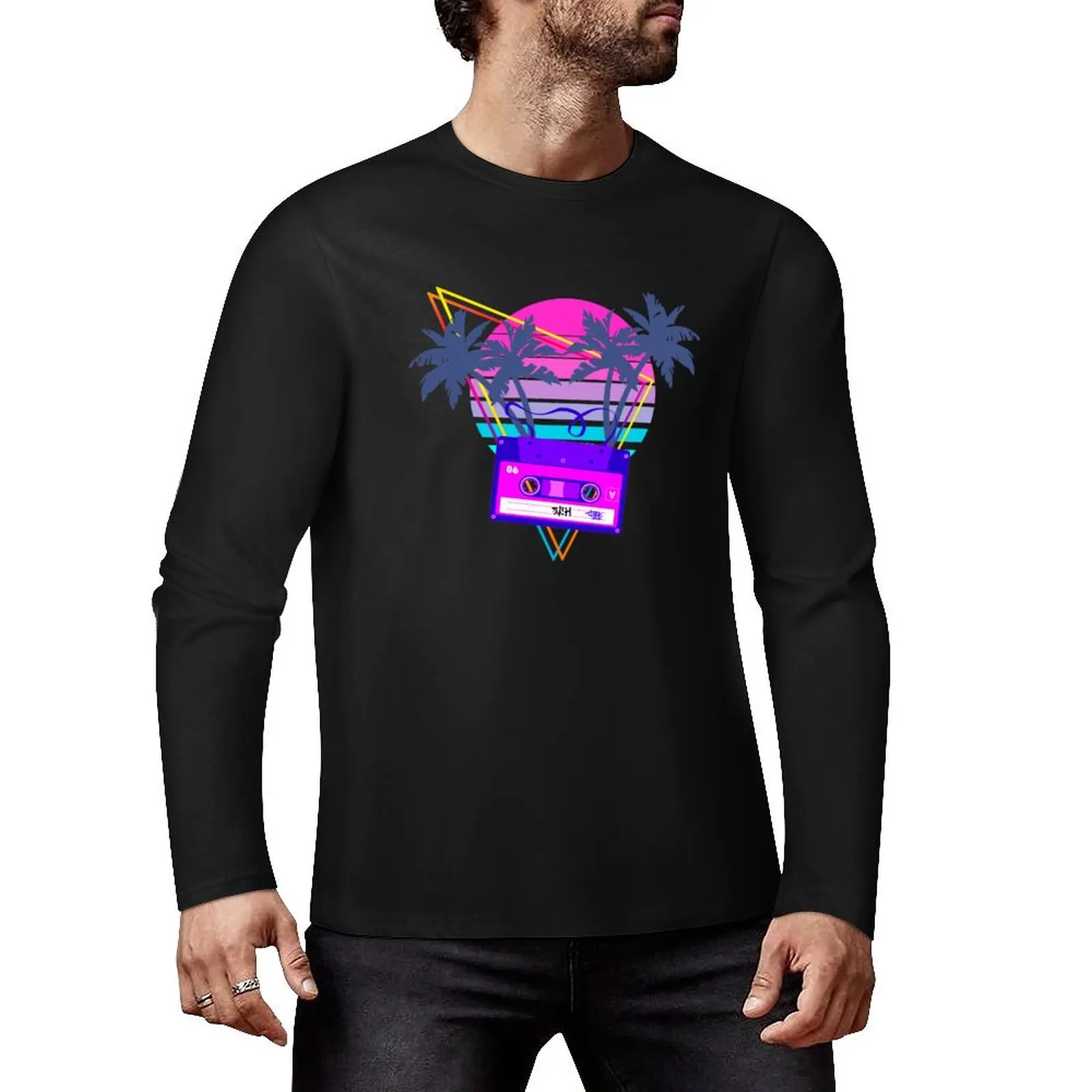 90s Vaporwave Sunset Cassette Tape in Outrun Synthwave style design Long T-Shirt graphics t shirt T-shirts for men cotton