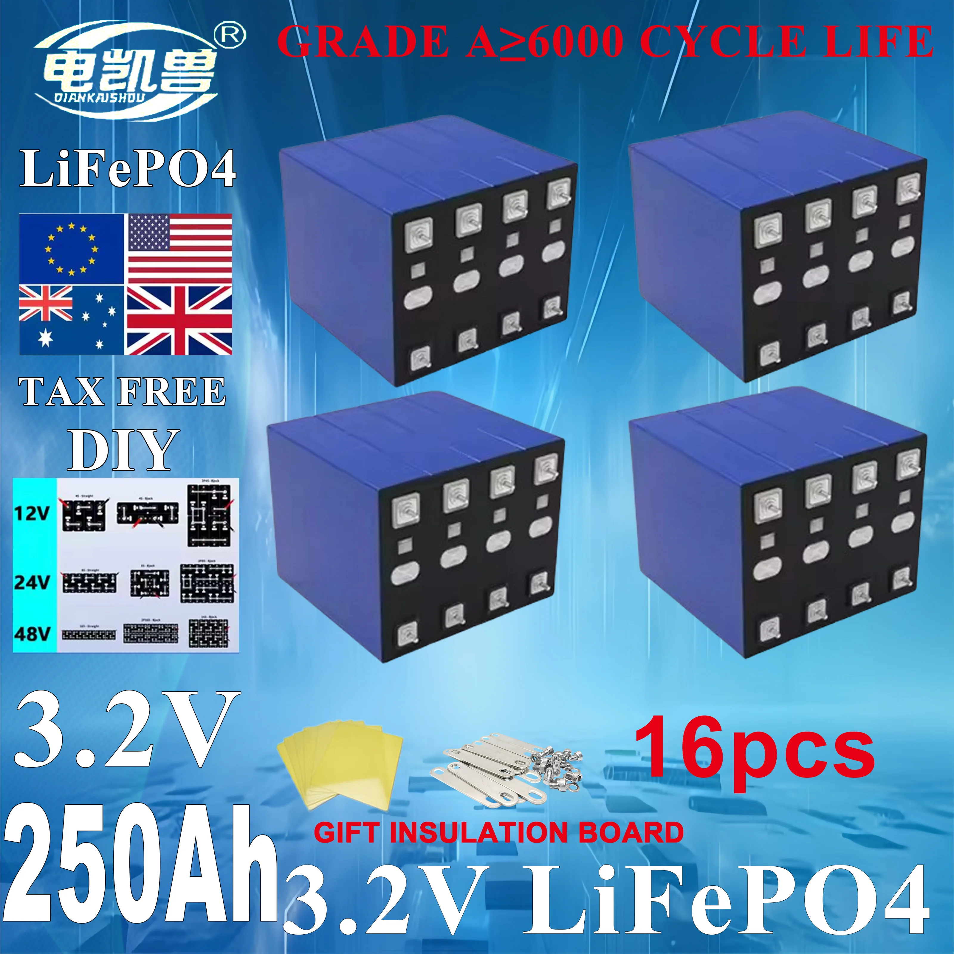 

Новый 16 шт., класс A, 250 Ач, 3,2 В Lifepo4, аккумуляторная батарея, 6000 циклов, сделай сам, 12 В, 24 В, 48 В, автофургон, яхта, тележка для гольфа, аккумулятор без налога